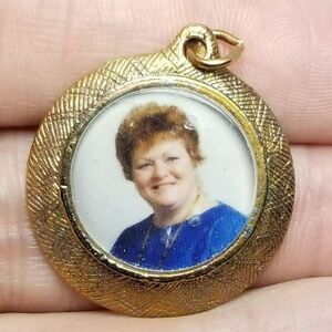 Vintage Photo Pendant or Charm, Round Tarnished Gold Tone, Original Photo